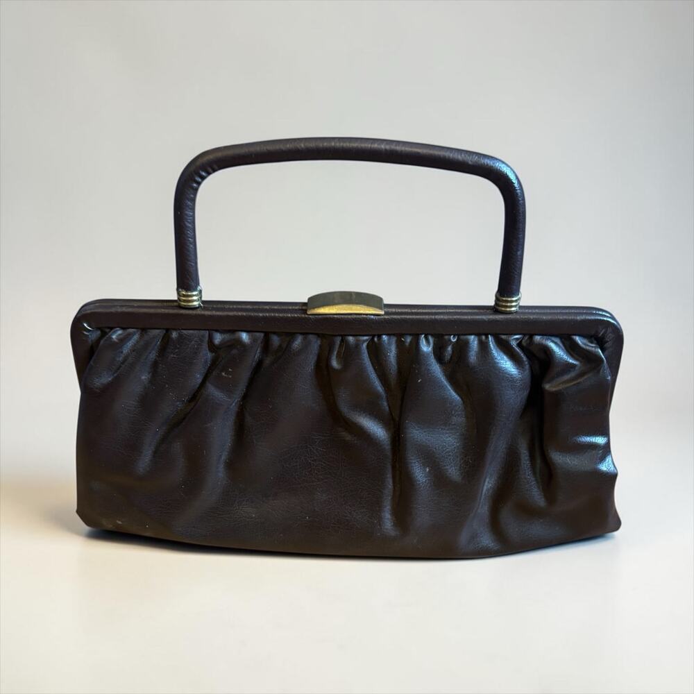 Vintage Chocolate Brown Leather Frame Handbag Top Handle 50s 60s Mad Men Glam